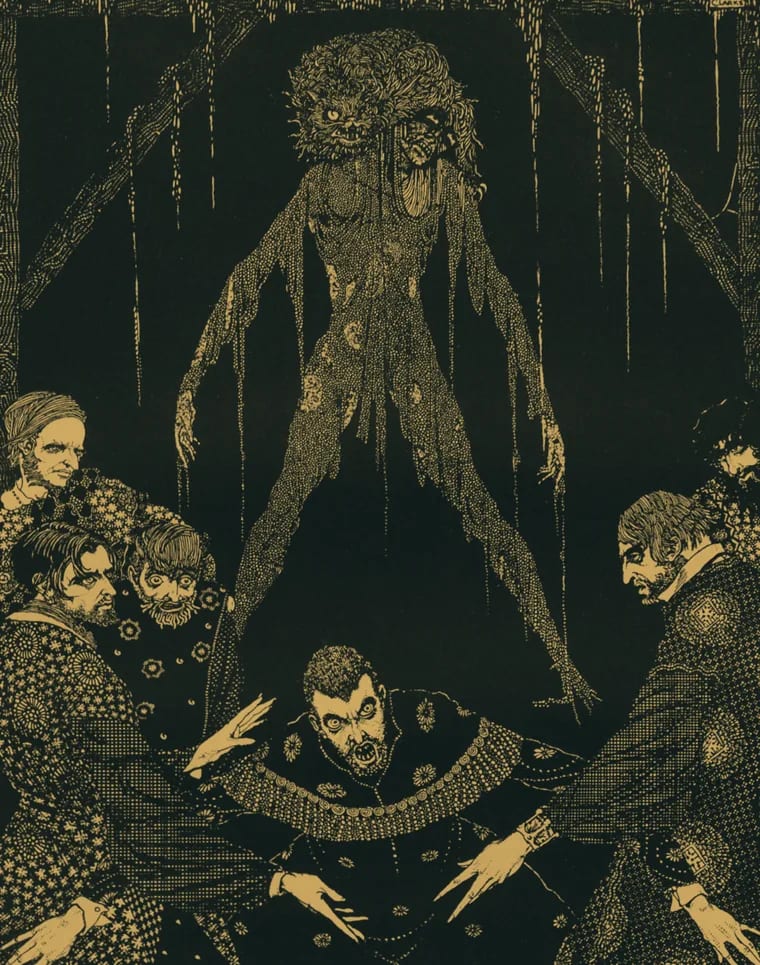 Harry Clarke engraving of a spirit looming over a gathered circle