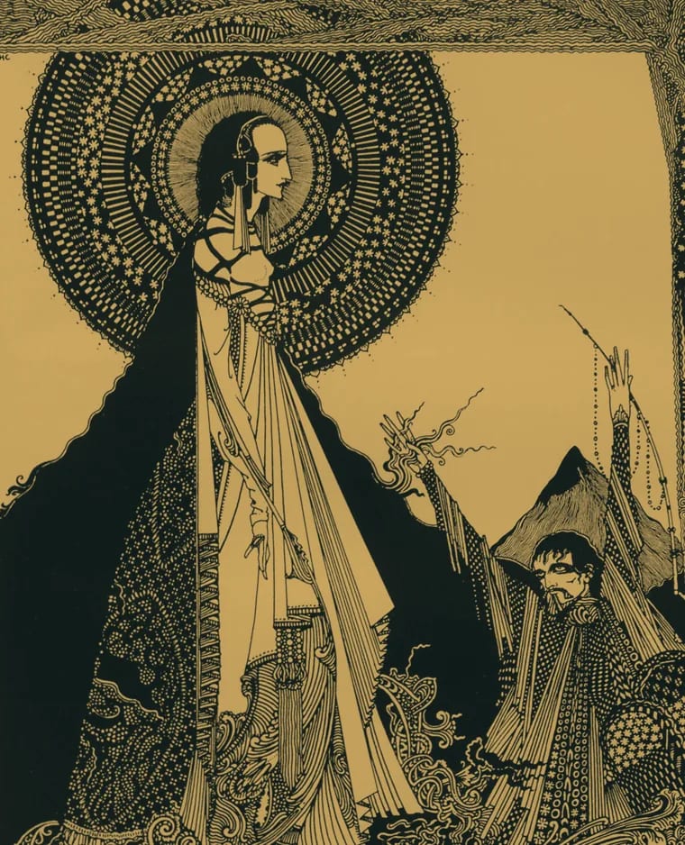 Harry Clarke engraving of Ligeia beneath a great halo